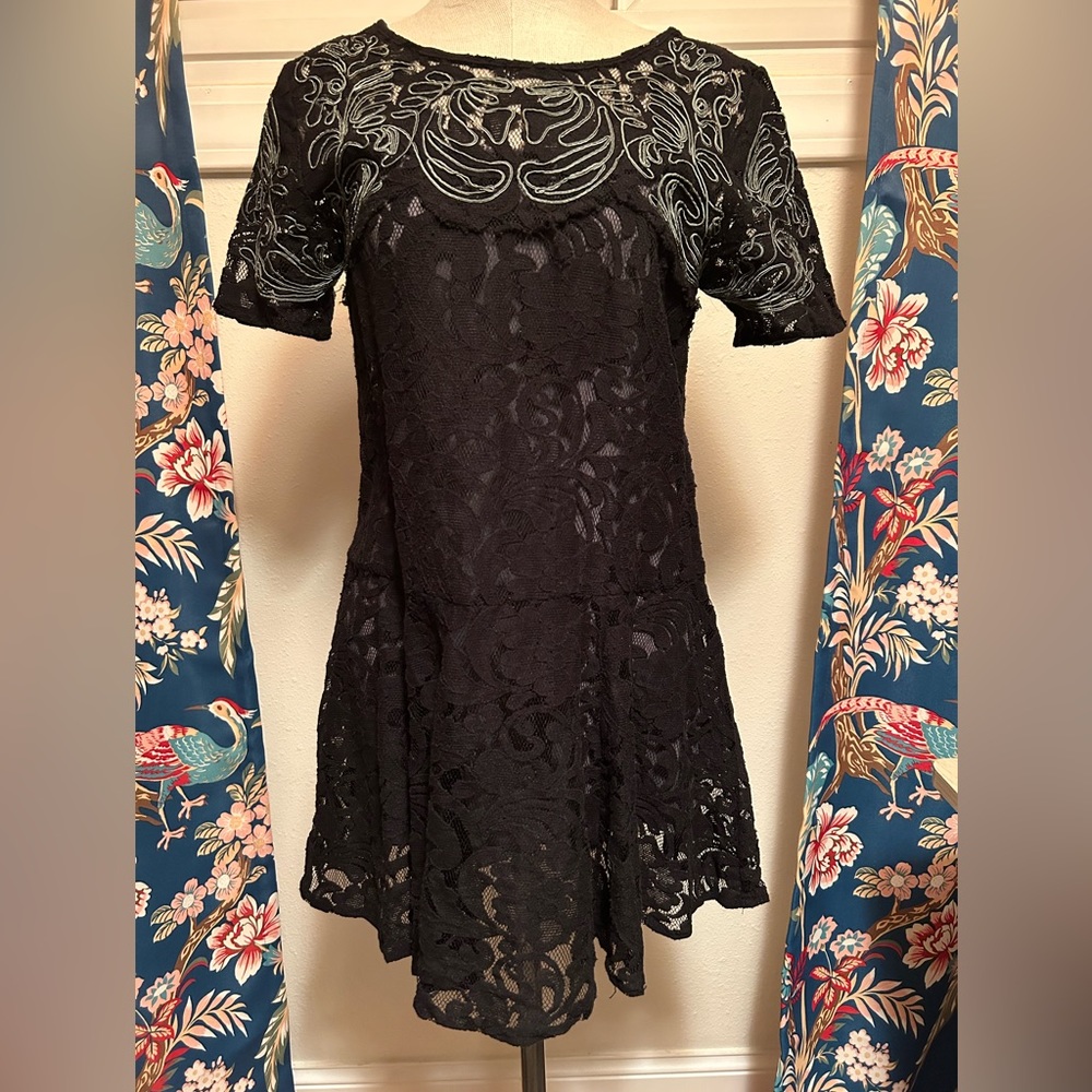 Free People Short Sleeve Black Lace Dress with grey slip